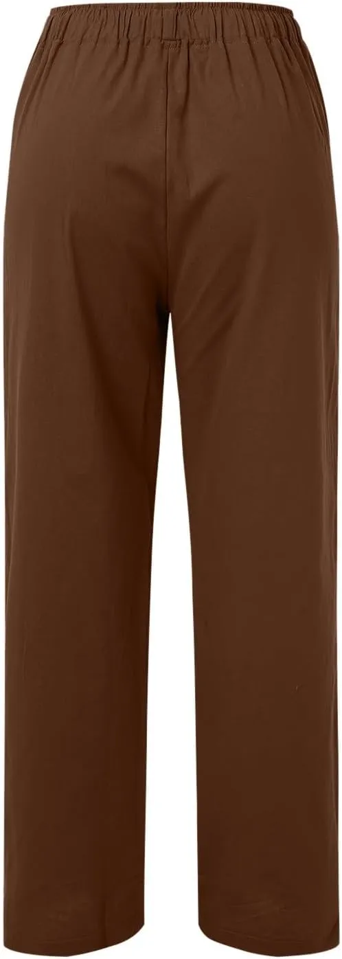 Women Linen Summer Striped Palazzo Pants High Waist Ankle Length Slim Fit Palazzo Pants Beach