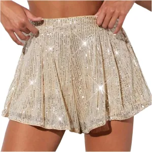 Women Sparkly Sequin Skorts Glitter Elastic High Waisted Sparkle Flowy Shorts Pleated Wide Leg Skirts for Rave Parties