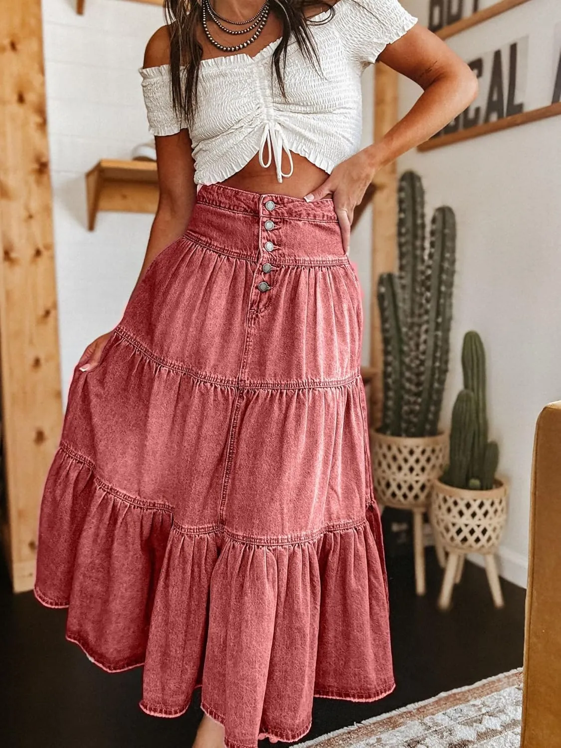Women Summer Denim Maxi Skirt High Waist Button Pleated Tiered Ruffle Swing A-Line Jean Long Skirt Club Streetwear