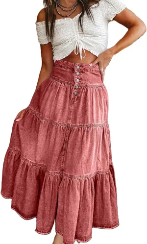 Women Summer Denim Maxi Skirt High Waist Button Pleated Tiered Ruffle Swing A-Line Jean Long Skirt Club Streetwear