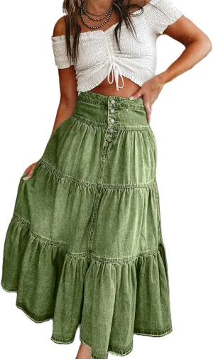 Women Summer Denim Maxi Skirt High Waist Button Pleated Tiered Ruffle Swing A-Line Jean Long Skirt Club Streetwear