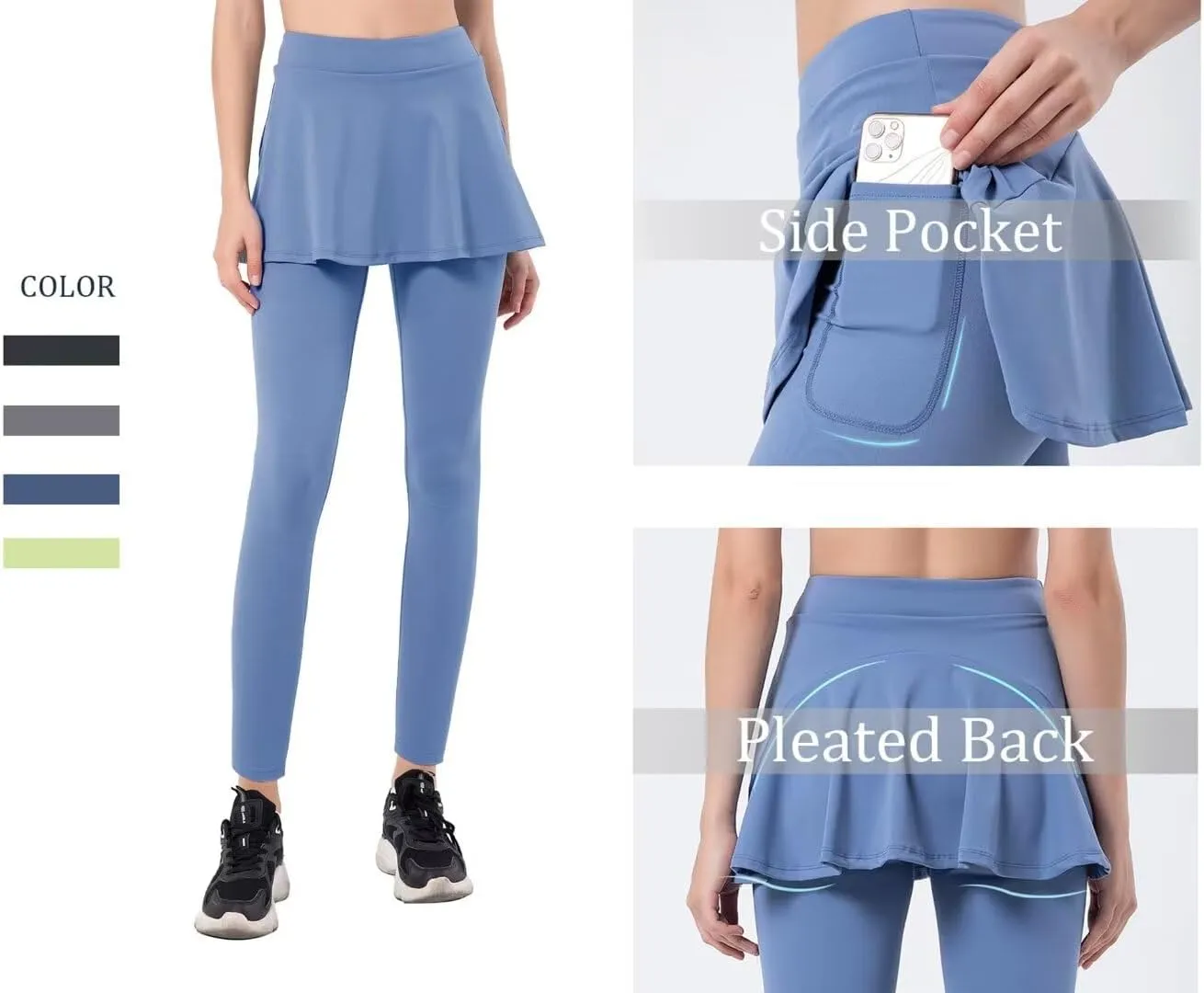Women Tennis Skirted Leggings with Pockets Athletic Pleated Skirts with Leggings Workout Active Golf Skort