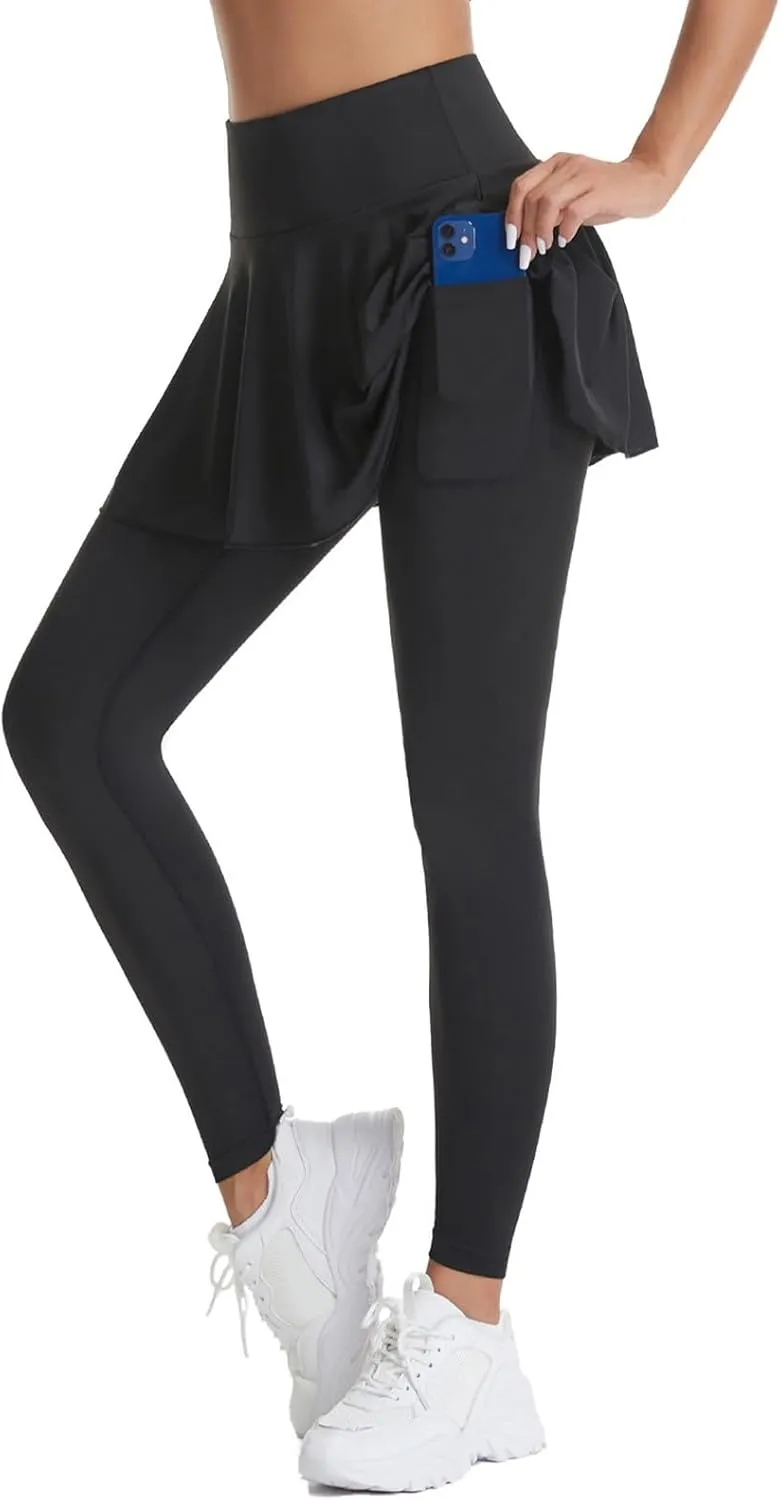 Women Tennis Skirted Leggings with Pockets Athletic Pleated Skirts with Leggings Workout Active Skort Yoga Pants