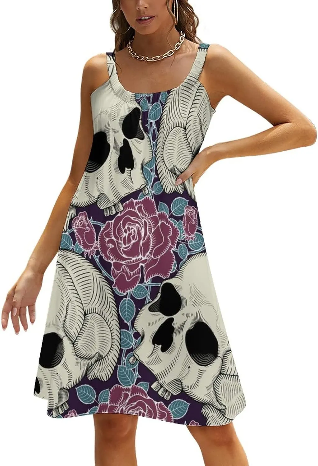 Women's 3D Print Sling Dress Summer Beach Beachwear Sundress Wedding Guest Dresses Beach Cover Up Swimwear, Casual Party Wedding Sports Sling Dress Floral Rose Flowers Day of The Dead Sugar Skulls