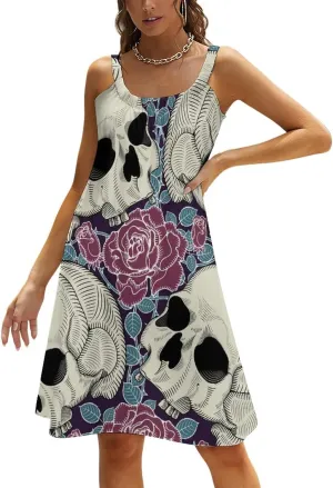 Women's 3D Print Sling Dress Summer Beach Beachwear Sundress Wedding Guest Dresses Beach Cover Up Swimwear, Casual Party Wedding Sports Sling Dress Floral Rose Flowers Day of The Dead Sugar Skulls