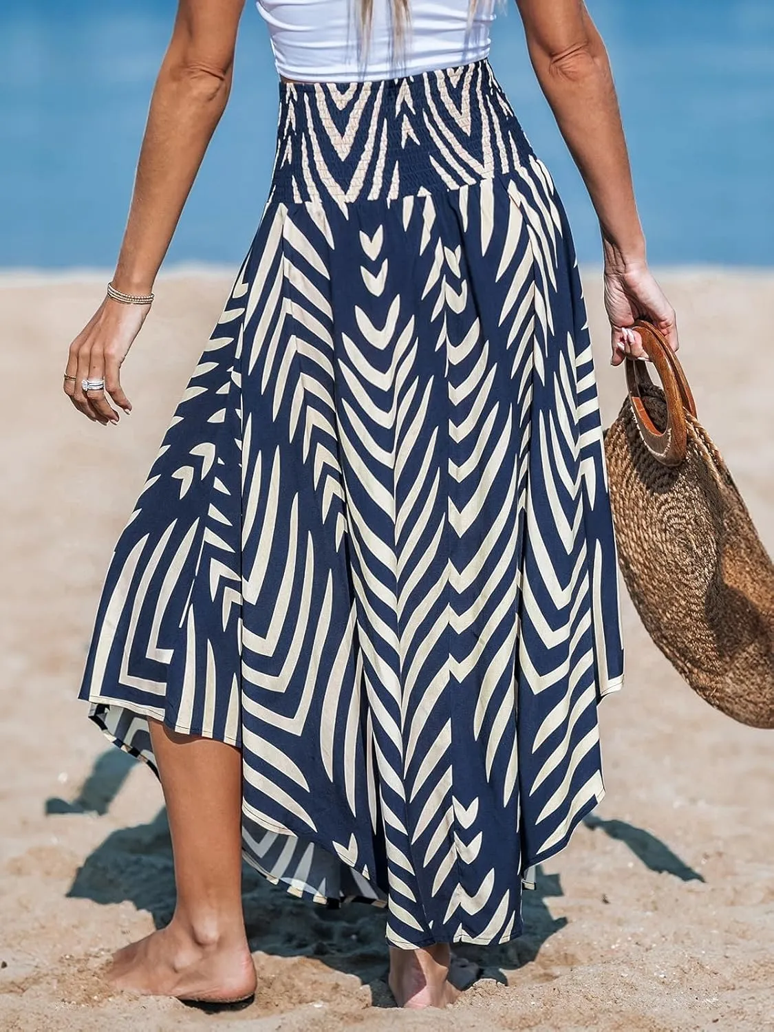 Women's Abstract Smocked Midi Skirt Smocked High Waist Maxi Tropical Skirt Casual Coverup Boho Long Vacation Skirts