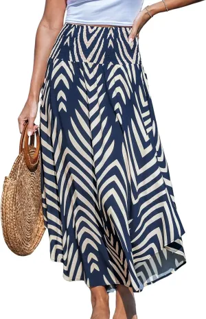 Women's Abstract Smocked Midi Skirt Smocked High Waist Maxi Tropical Skirt Casual Coverup Boho Long Vacation Skirts