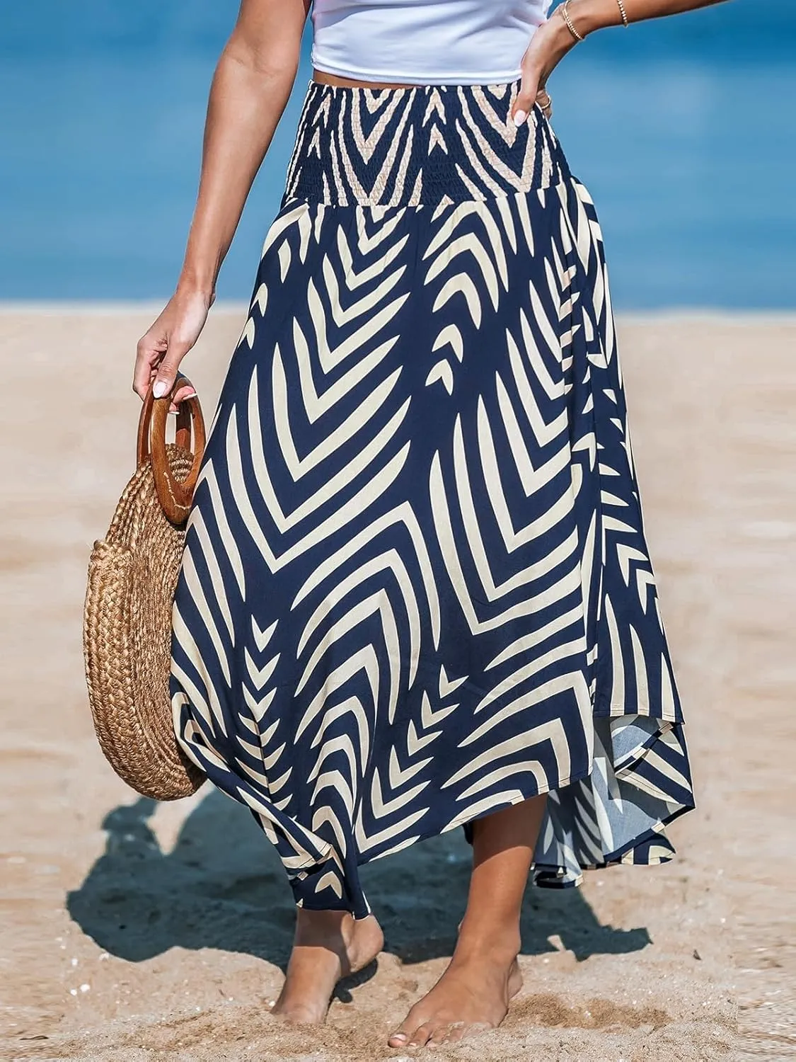 Women's Abstract Smocked Midi Skirt Smocked High Waist Maxi Tropical Skirt Casual Coverup Boho Long Vacation Skirts