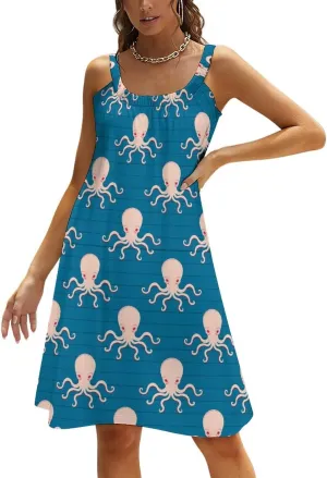 Women's Beach Bathing Suit Swimsuit Cover Ups Swimwear Summer Halter Dress, Summer Sleeveless Sundress, Casual Loose Beach Dress for Sea Ocean Funny Octopus
