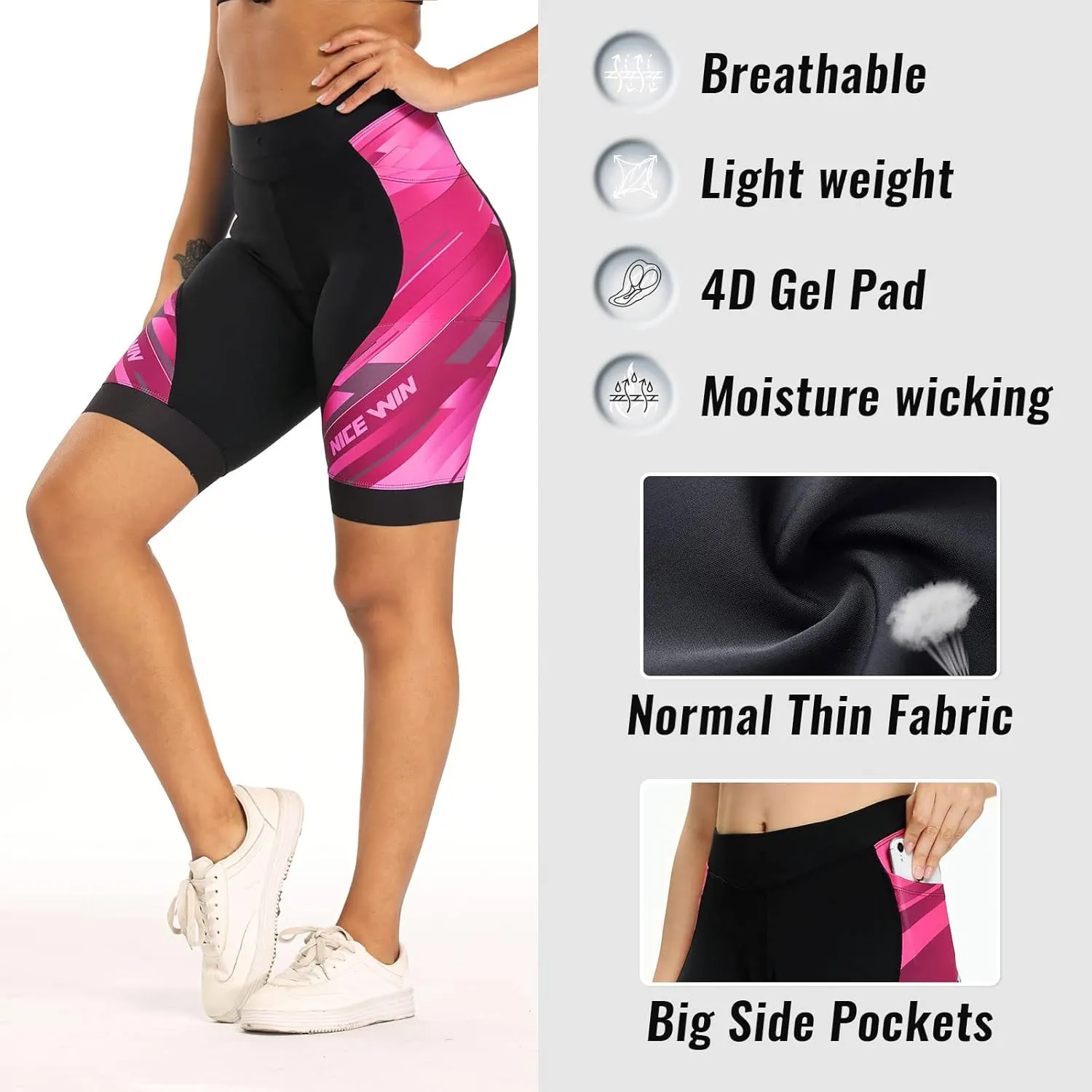 Womens Bike Shorts 4D Gel Pading Cycling Spinning Biker Bicycle Short with Pockets Wide Waistband