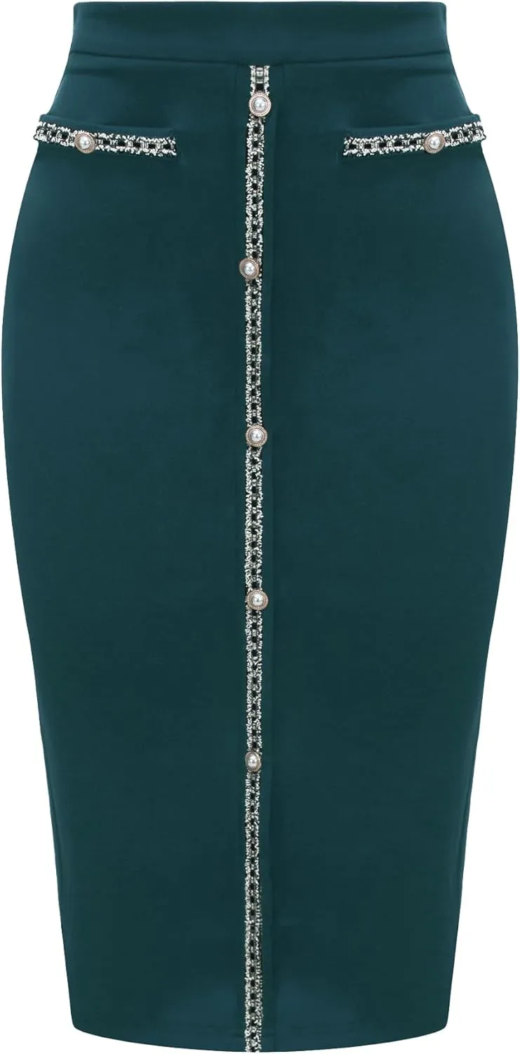 Women's Bodycon Pencil Skirt High Waist Stretchy Knee Length Office Work Skirts