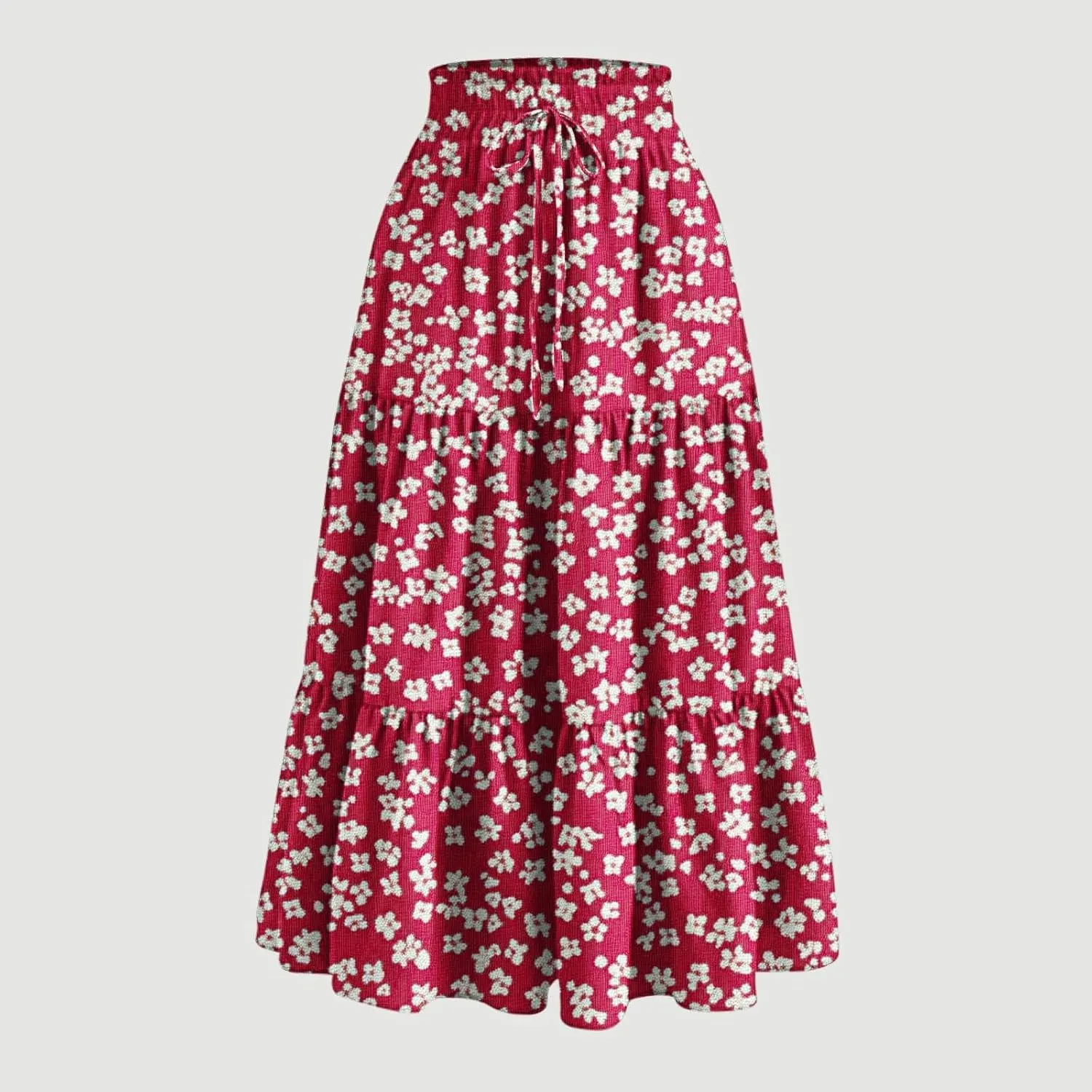 Womens Boho Floral Print Maxi Skirt Summer Drawstring High Waisted Tiered Long Skirts Flowy Beach Vacation Skirts