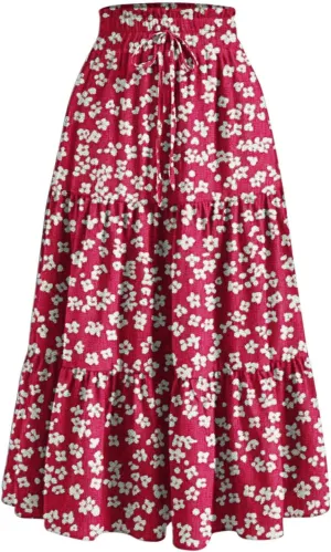 Womens Boho Floral Print Maxi Skirt Summer Drawstring High Waisted Tiered Long Skirts Flowy Beach Vacation Skirts