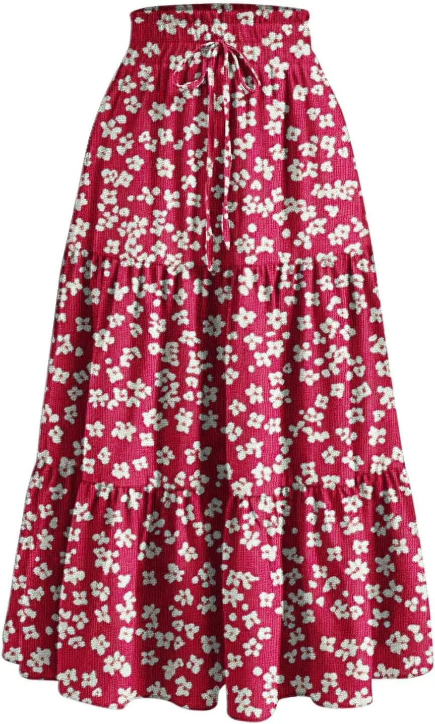 Womens Boho Floral Print Maxi Skirt Summer Drawstring High Waisted Tiered Long Skirts Flowy Beach Vacation Skirts