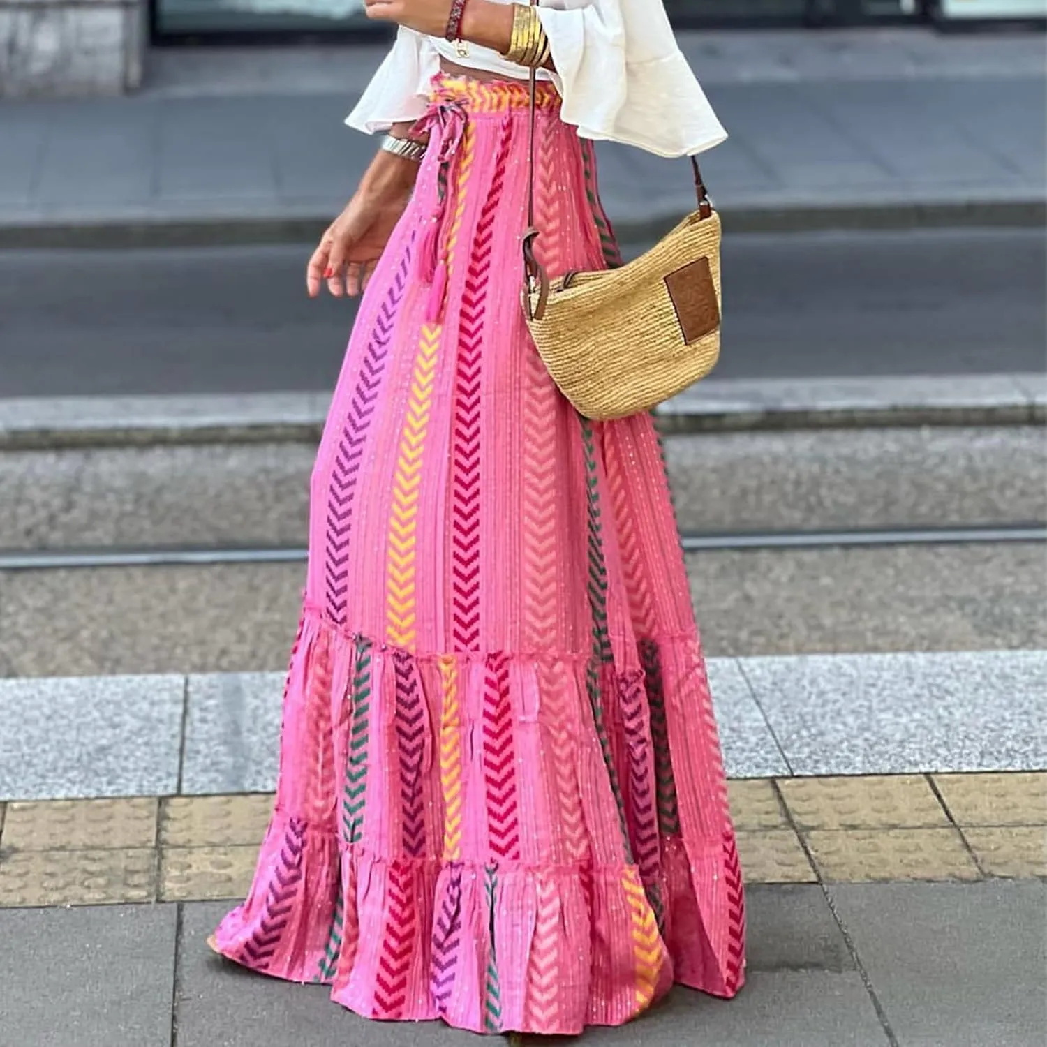Womens Boho Ruffle Hem Long Skirts Flowy Drawstring Waist Maxi Skirts Tiered Summer Vacation Skirts for Women
