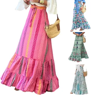 Womens Boho Ruffle Hem Long Skirts Flowy Drawstring Waist Maxi Skirts Tiered Summer Vacation Skirts for Women