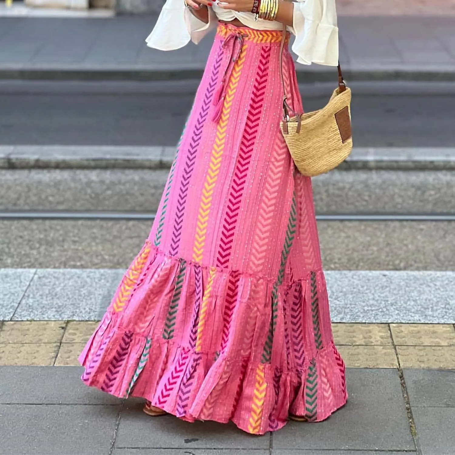 Womens Boho Ruffle Hem Long Skirts Flowy Drawstring Waist Maxi Skirts Tiered Summer Vacation Skirts for Women