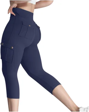 Women's Butt Lifting Biker Capri Cargo High Waist Flap Pocket Workout Capris Causal Athletic Gym Training Sweatpant