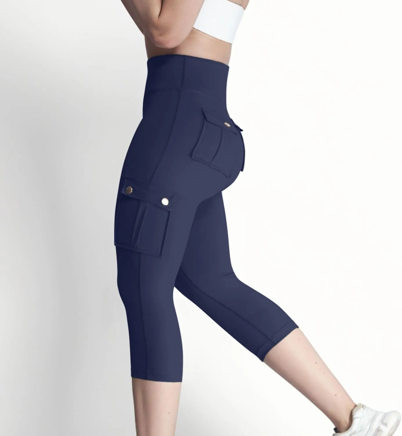 Women's Butt Lifting Biker Capri Cargo High Waist Flap Pocket Workout Capris Causal Athletic Gym Training Sweatpant