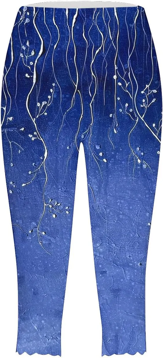 Women's Capri Leggings Floral Print High Waist Capris Pant Tummy Control Knee Length Slim Fit Yoga Cropped Trouser