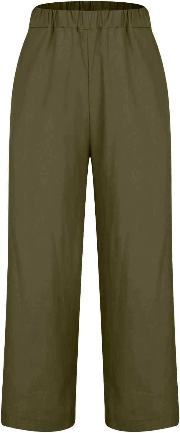 Womens Casual Linen High Waist Drawstring Pants Loose Fit Summer Beach Wide Leg Cropped Trousers with Pockets