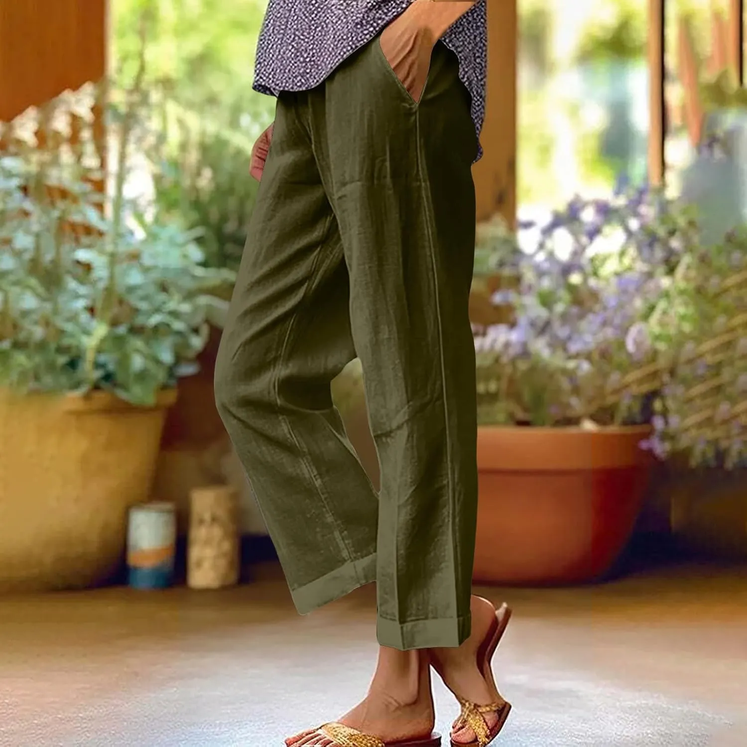 Womens Casual Linen High Waist Drawstring Pants Loose Fit Summer Beach Wide Leg Cropped Trousers with Pockets