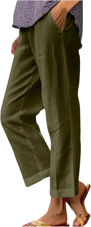 Womens Casual Linen High Waist Drawstring Pants Loose Fit Summer Beach Wide Leg Cropped Trousers with Pockets