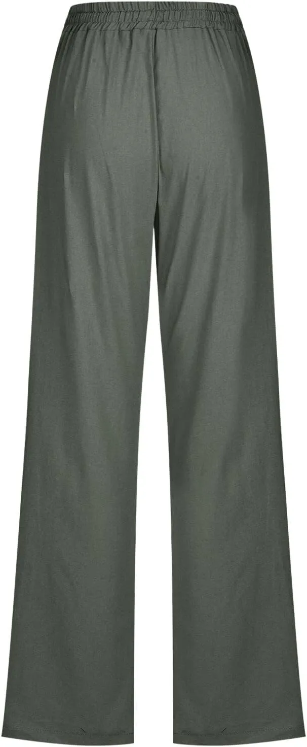 Womens Cotton Linen Summer Lightweigt Palazzo Pants High Waist Long Lounge Slim-Fit Pants Trendy