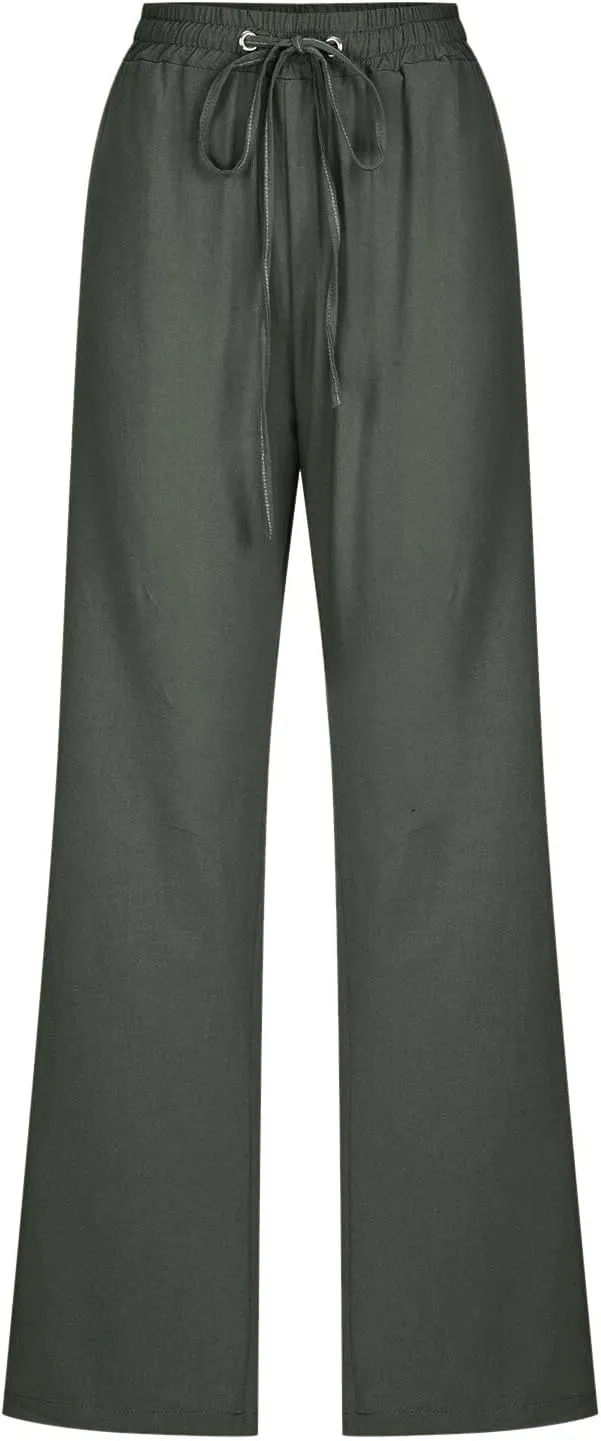 Womens Cotton Linen Summer Lightweigt Palazzo Pants High Waist Long Lounge Slim-Fit Pants Trendy