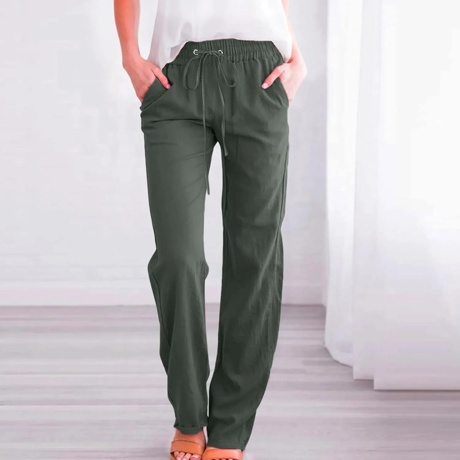 Womens Cotton Linen Summer Lightweigt Palazzo Pants High Waist Long Lounge Slim-Fit Pants Trendy