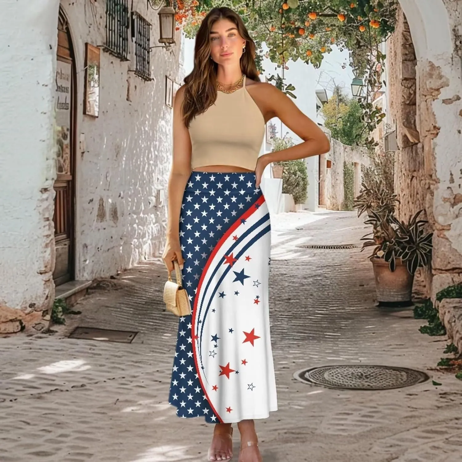 Women's Elastic High Waisted Maxi Skirt Trendy Fall Flared A-Line Midi Skirt Casual Formal Work Skirts