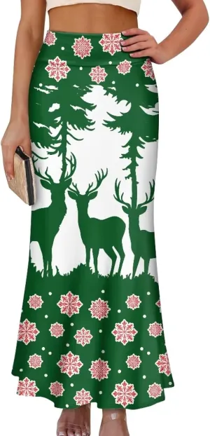 Women's Elastic High Waisted Maxi Skirt Trendy Fall Flared A-Line Midi Skirt Casual Formal Work Skirts