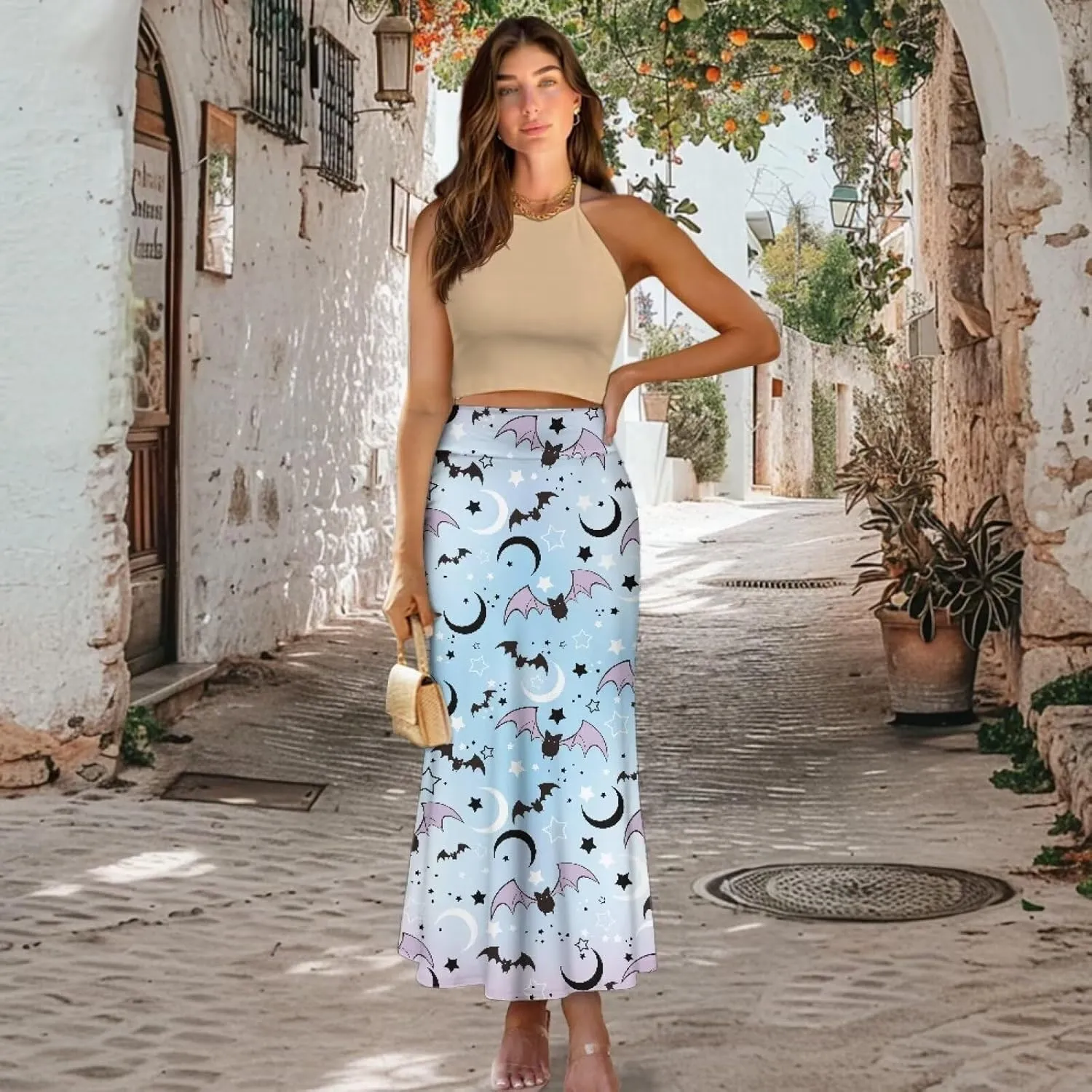 Women's Elastic High Waisted Maxi Skirt Trendy Fall Flared A-Line Midi Skirt Casual Formal Work Skirts