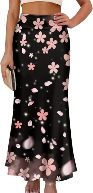 Women's Elastic High Waisted Maxi Skirt Trendy Fall Flared A-Line Midi Skirt Casual Formal Work Skirts