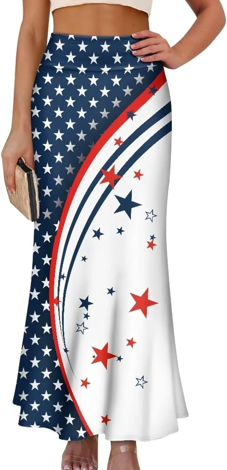 Women's Elastic High Waisted Maxi Skirt Trendy Fall Flared A-Line Midi Skirt Casual Formal Work Skirts