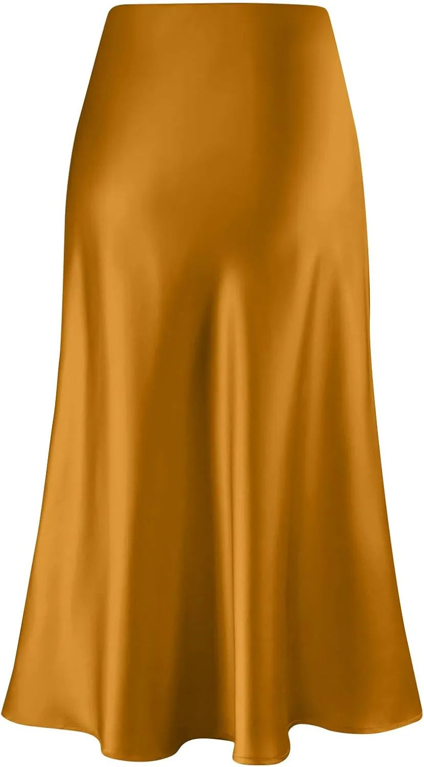 Womens Elegant Midi Skirt High Waisted Solid Satin Dress Work Skirts Party Wedding Flared A-Line Skirts