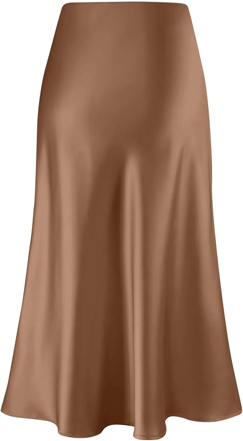 Womens Elegant Midi Skirt High Waisted Solid Satin Dress Work Skirts Party Wedding Flared A-Line Skirts