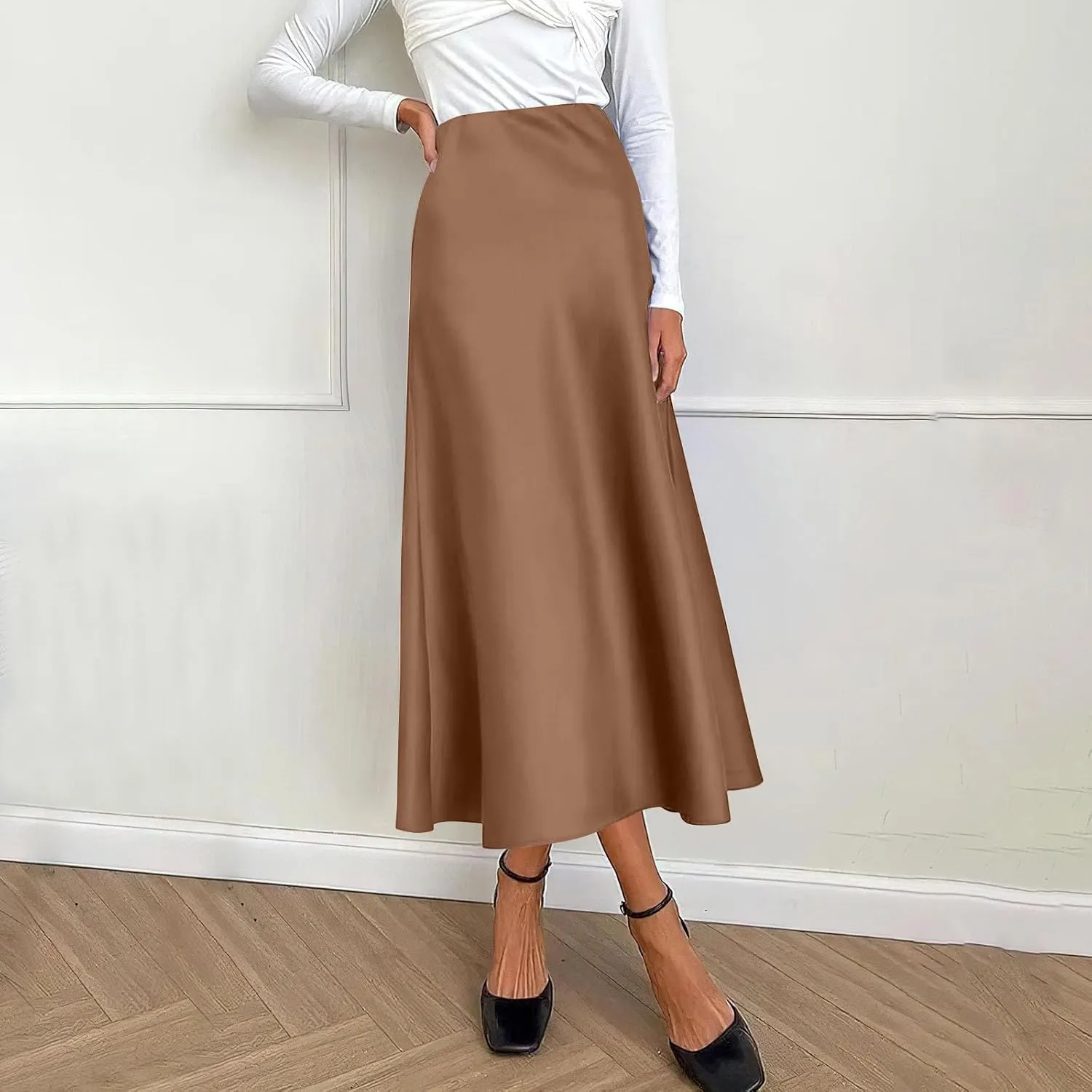 Womens Elegant Midi Skirt High Waisted Solid Satin Dress Work Skirts Party Wedding Flared A-Line Skirts