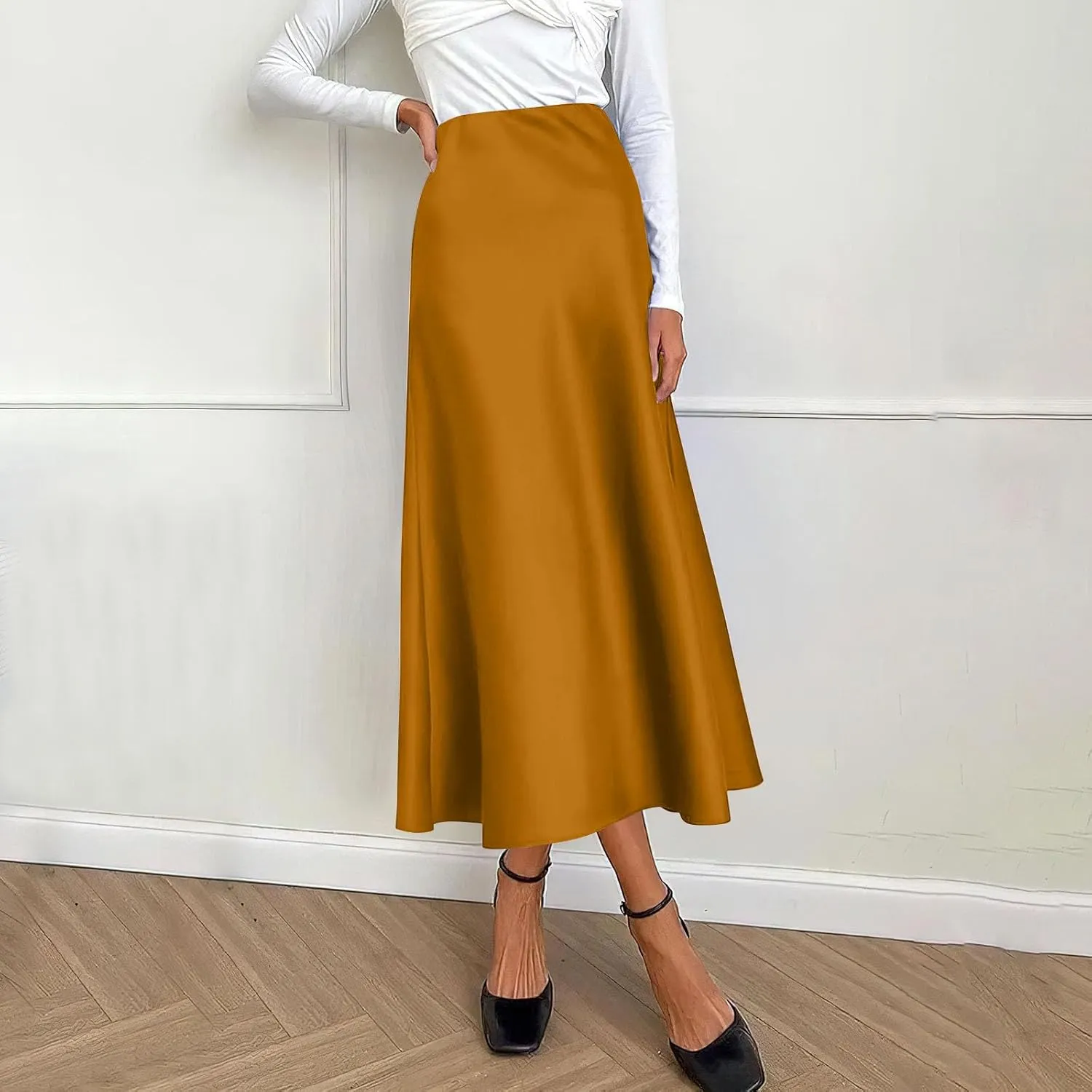 Womens Elegant Midi Skirt High Waisted Solid Satin Dress Work Skirts Party Wedding Flared A-Line Skirts