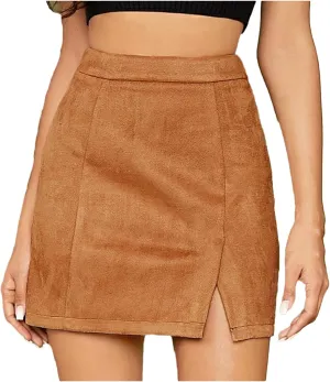 Womens Faux Suede Mini Skirt with Slit Hem, High Waisted Side Split Bodycon Short Skirt Zipper Back Sexy Work Skirts