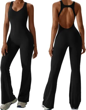 Women's Flare Jumpsuit with Tummy Control  Sleeveless, Backless, Soft Stretchy Fabric, Elegant One-Piece