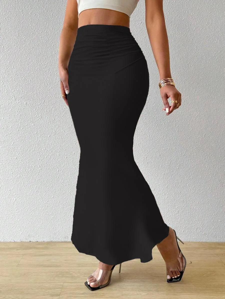 Women's Graphic Print Maxi Skirt Ruched High Waist Long Fishtail Skirt Fashion Bodycon Pencil Skirt