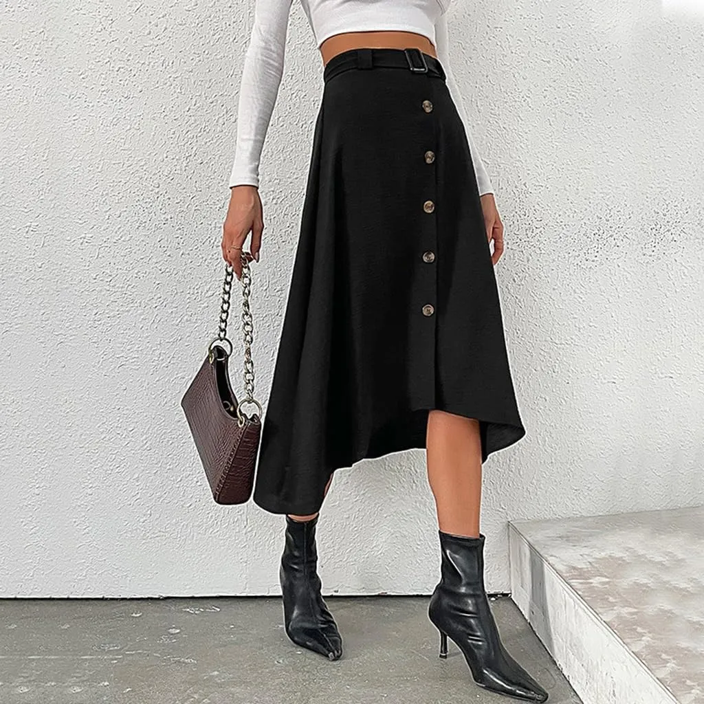 Women's High Waist A Line Button Front Flowy Flare Midi Skirt Vintage Solid Irregular Hem Casual Work Skirts