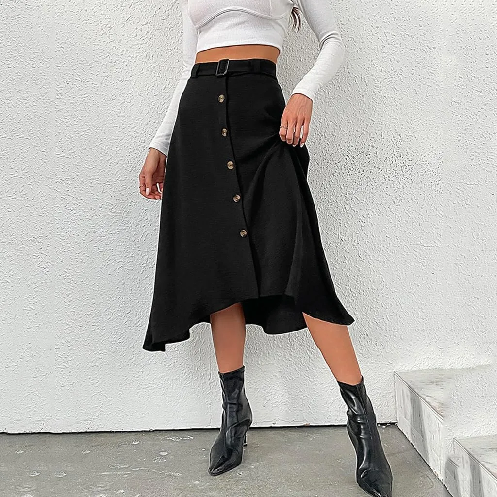 Women's High Waist A Line Button Front Flowy Flare Midi Skirt Vintage Solid Irregular Hem Casual Work Skirts
