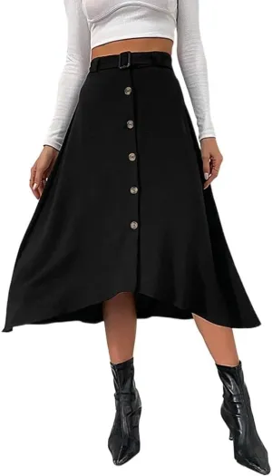 Women's High Waist A Line Button Front Flowy Flare Midi Skirt Vintage Solid Irregular Hem Casual Work Skirts