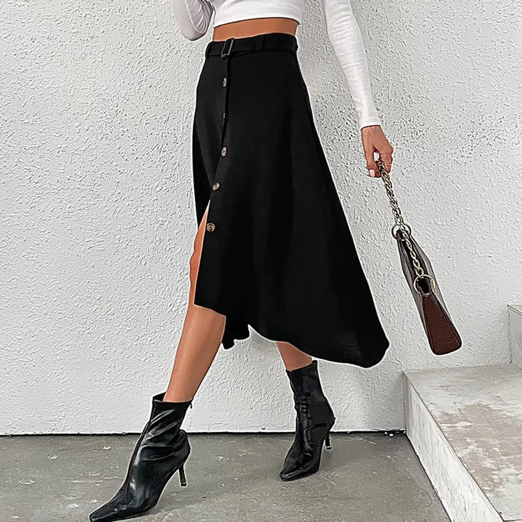 Women's High Waist A Line Button Front Flowy Flare Midi Skirt Vintage Solid Irregular Hem Casual Work Skirts