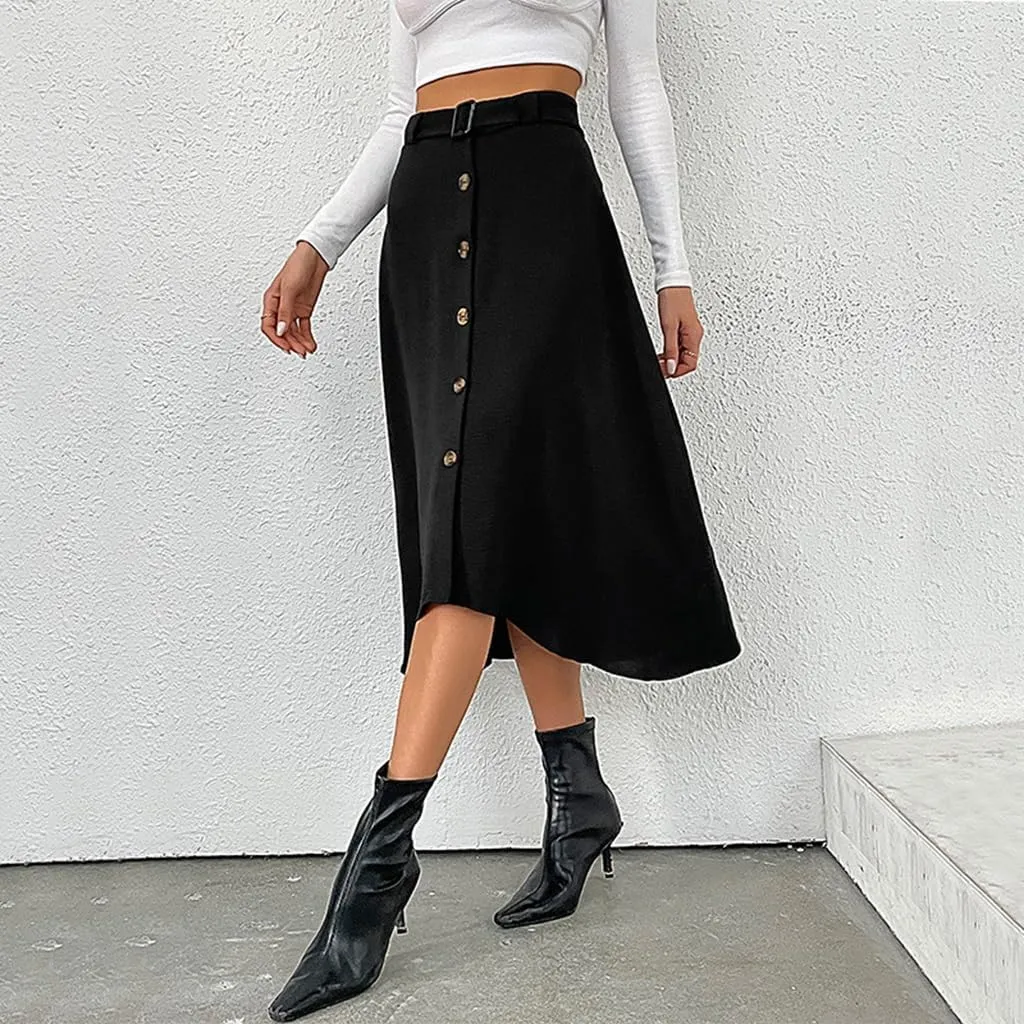Women's High Waist A Line Button Front Flowy Flare Midi Skirt Vintage Solid Irregular Hem Casual Work Skirts