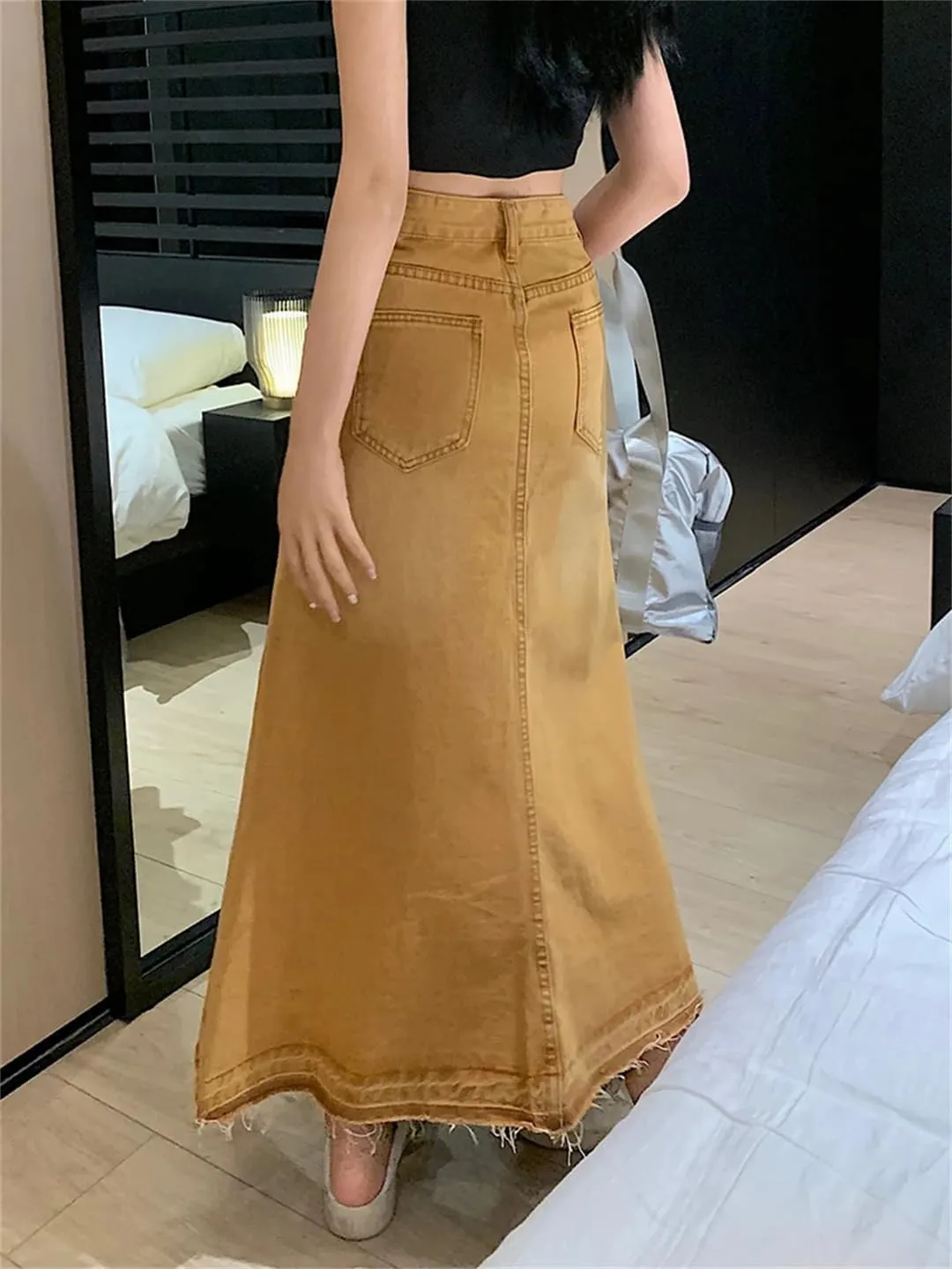 Women's High Waisted 5-Pocket Fringed Maxi Skirt Loose Casual Ankle-Length Work Skirts