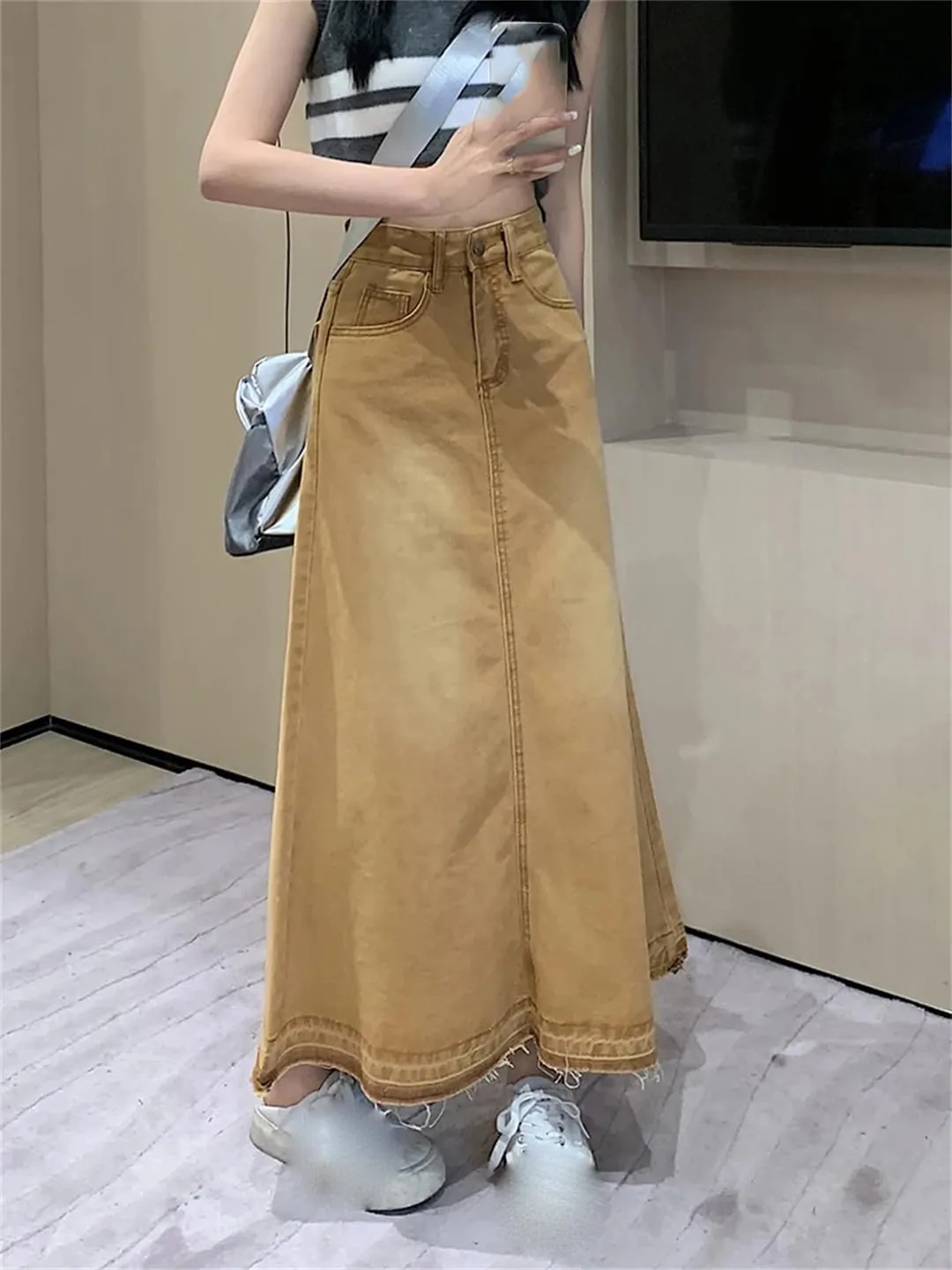 Women's High Waisted 5-Pocket Fringed Maxi Skirt Loose Casual Ankle-Length Work Skirts