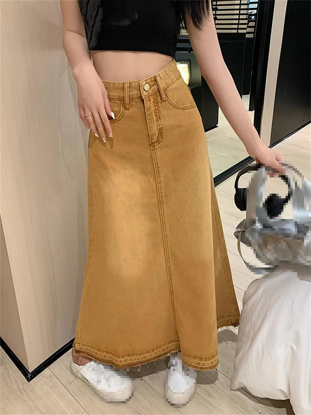 Women's High Waisted 5-Pocket Fringed Maxi Skirt Loose Casual Ankle-Length Work Skirts